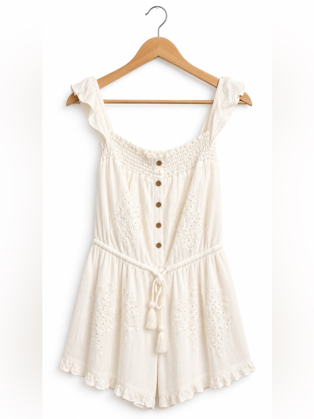 American Eagle Outfitters Cream Embroidered Button Romper Small Cottagecore boho